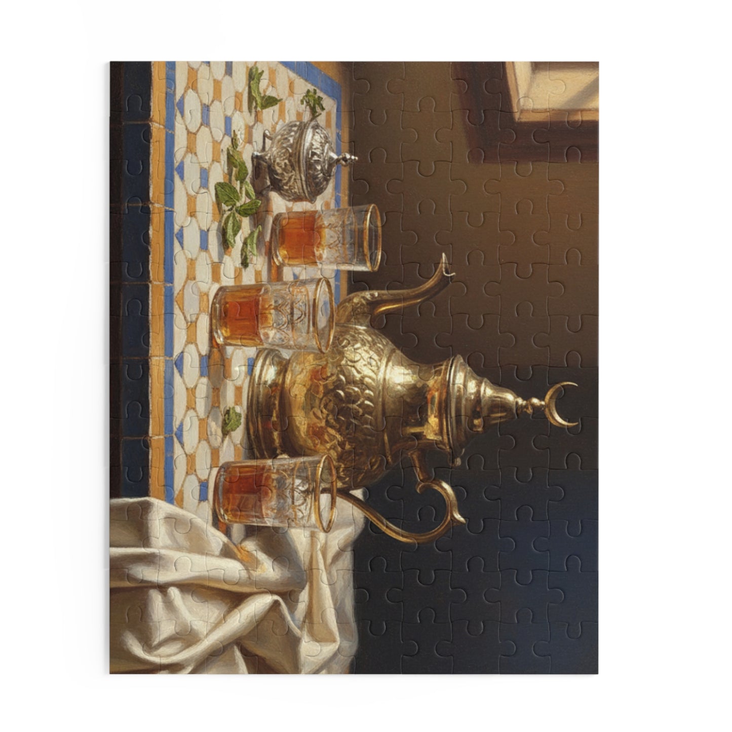 Moroccan Tea Set Jigsaw Puzzle — Vintage Brass Teapot & Glasses (120/252/500 pcs)