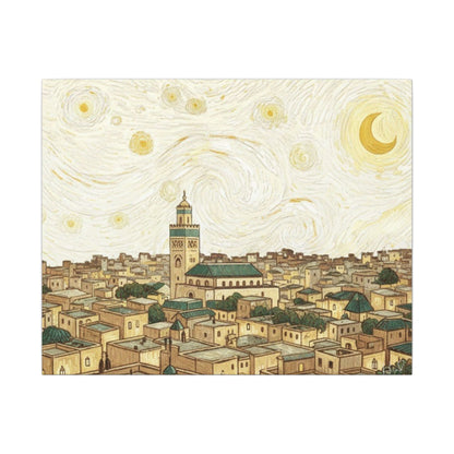Moroccan Cityscape Canvas Print — Starry Night-Inspired Mosque Wall Art