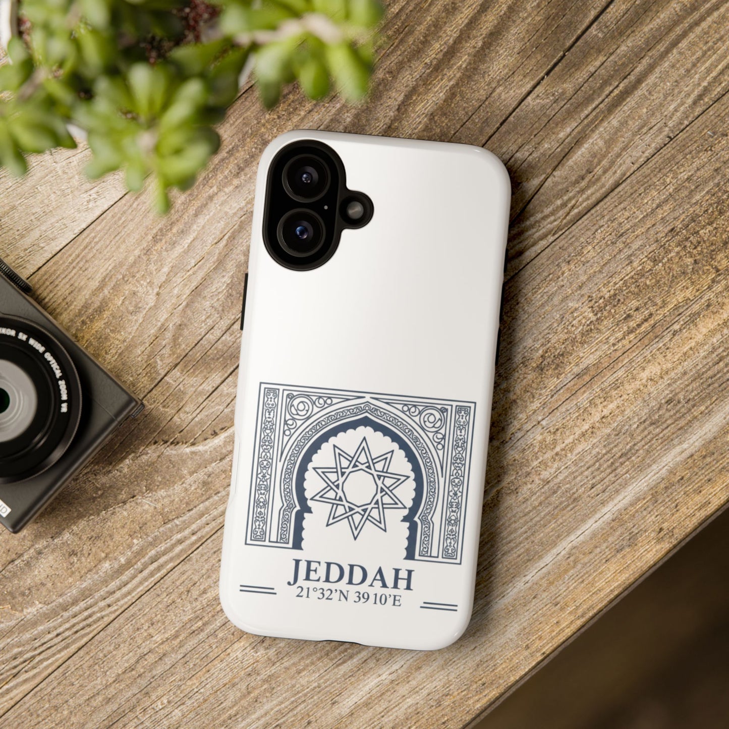 Jeddah Coordinates Phone Case — Arabic Arch Geometric Design