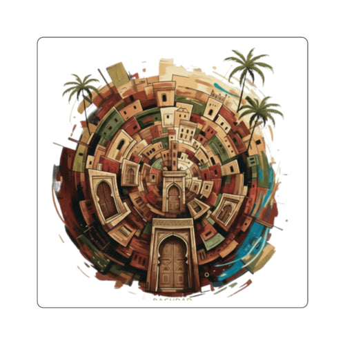 Square Sticker — Vintage Moroccan Medina Art Sticker (Palm Trees, Doorway Circle Design)