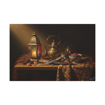 Oriental Still Life Canvas — Vintage Brass Teapot & Lantern Wall Art