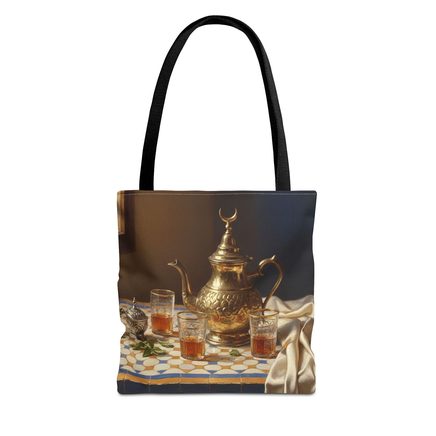 Moroccan Tea Set Tote Bag — Brass Teapot & Glasses AOP Tote