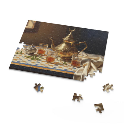 Moroccan Tea Set Jigsaw Puzzle — Vintage Brass Teapot & Glasses (120/252/500 pcs)