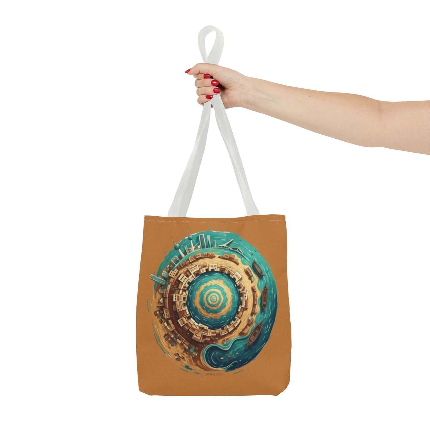 Round Cityscape Tote Bag — Abstract Turquoise & Gold Planet Design