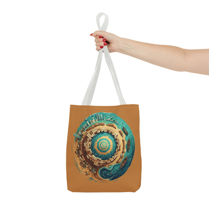 Round Cityscape Tote Bag — Abstract Turquoise & Gold Planet Design