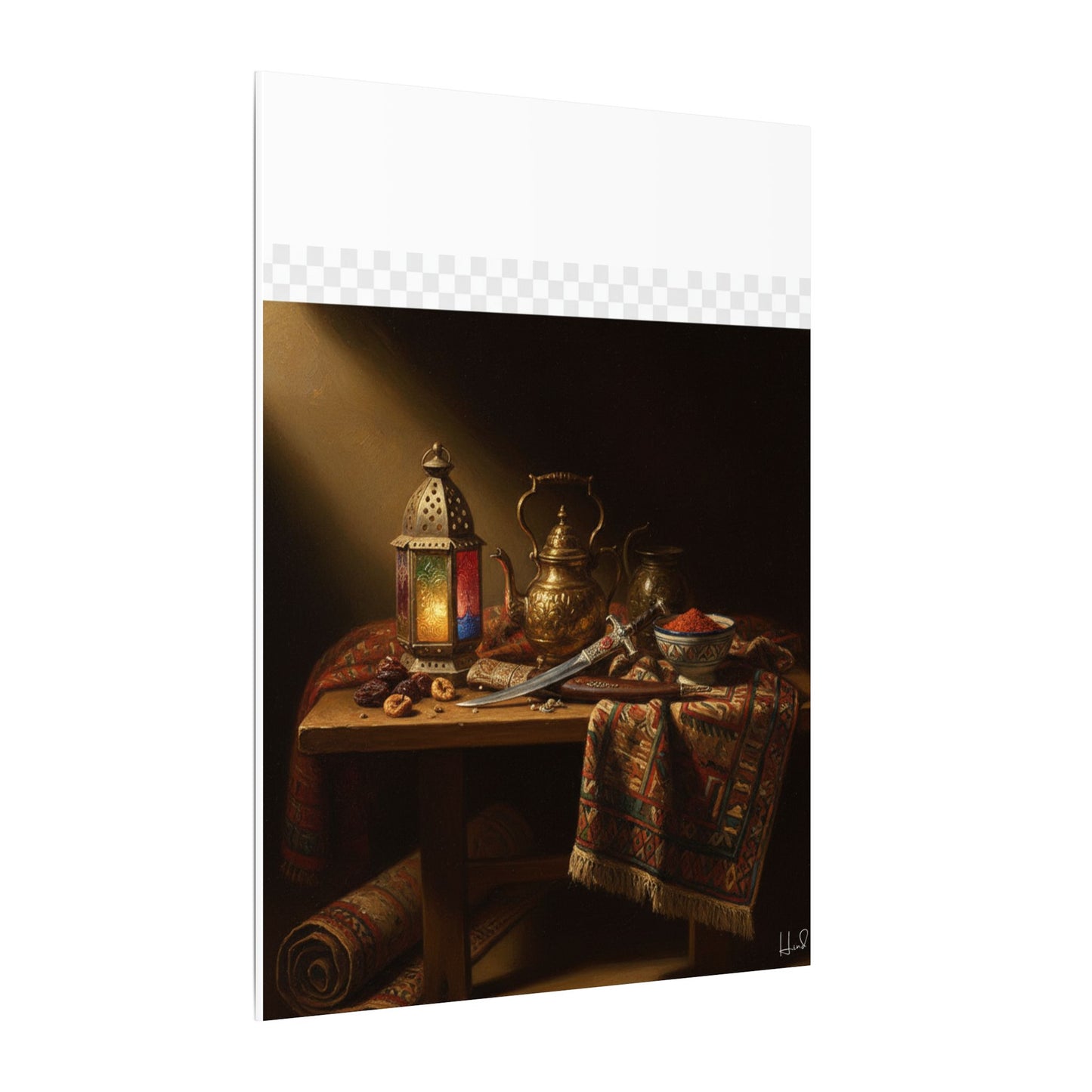 Oriental Still Life Canvas — Vintage Brass Teapot & Lantern Wall Art