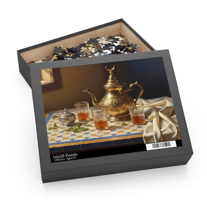 Moroccan Tea Set Jigsaw Puzzle — Vintage Brass Teapot & Glasses (120/252/500 pcs)