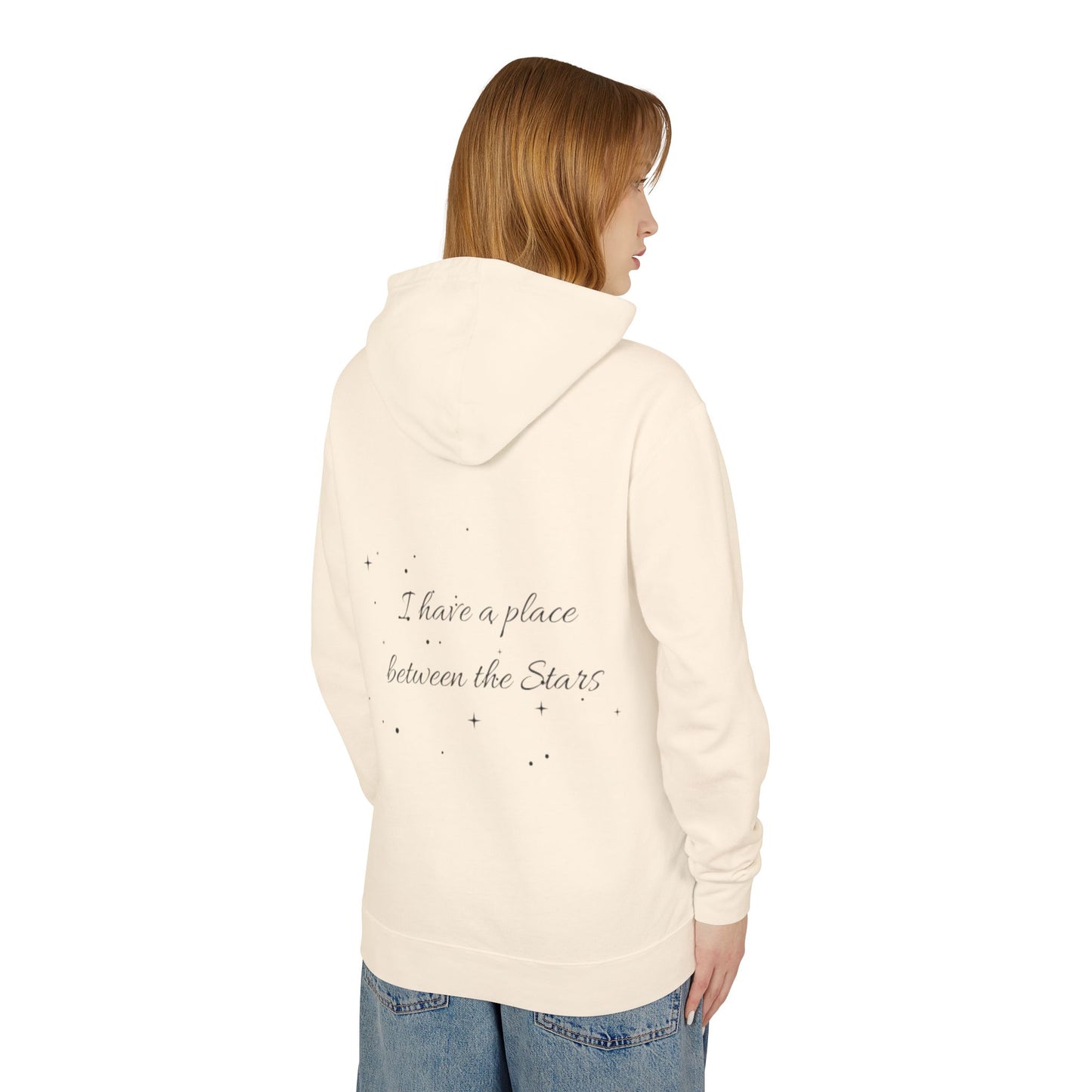 Starry Script Hoodie — "I Have a Place Between the Stars" Lightweight Pullover
