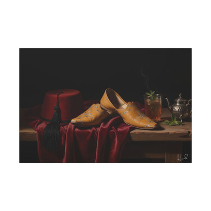 Nature morte sur toile — Chaussures en cuir et fez, décoration murale