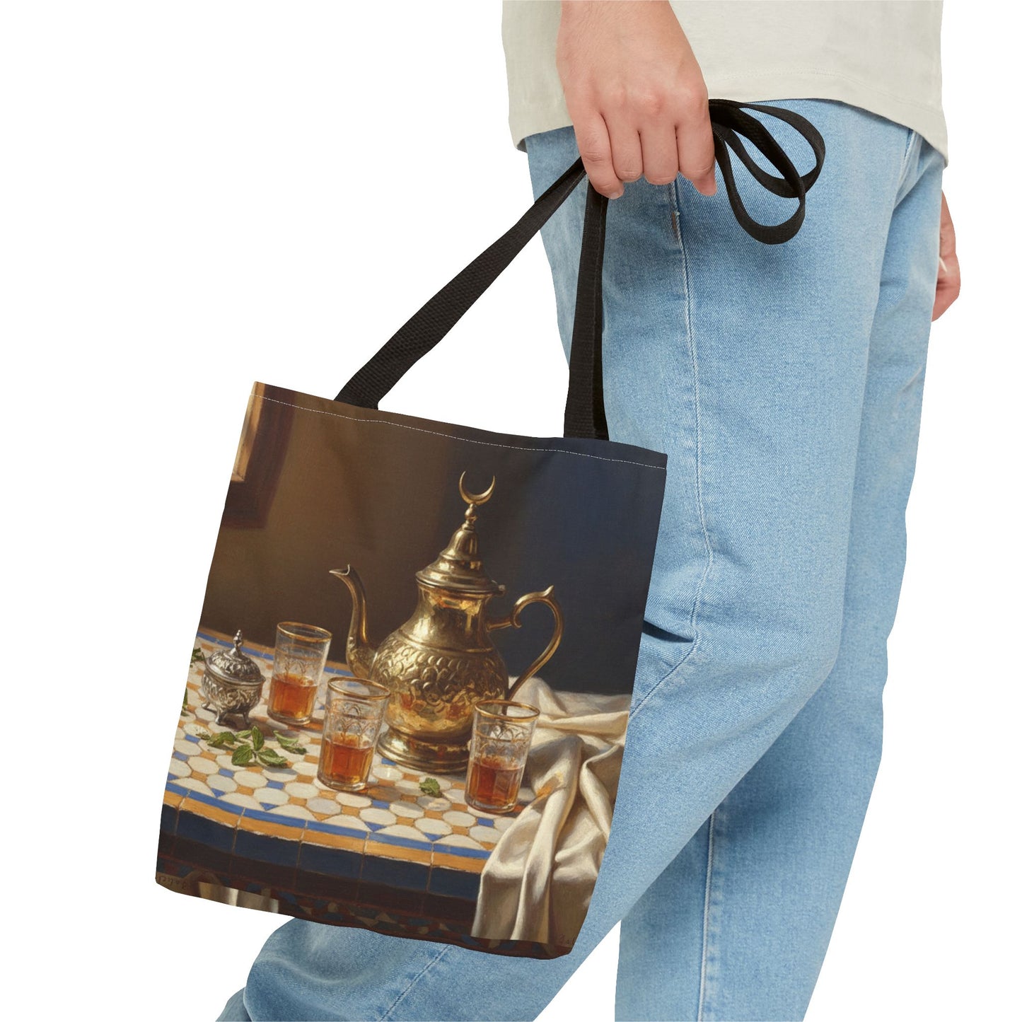 Moroccan Tea Set Tote Bag — Brass Teapot & Glasses AOP Tote
