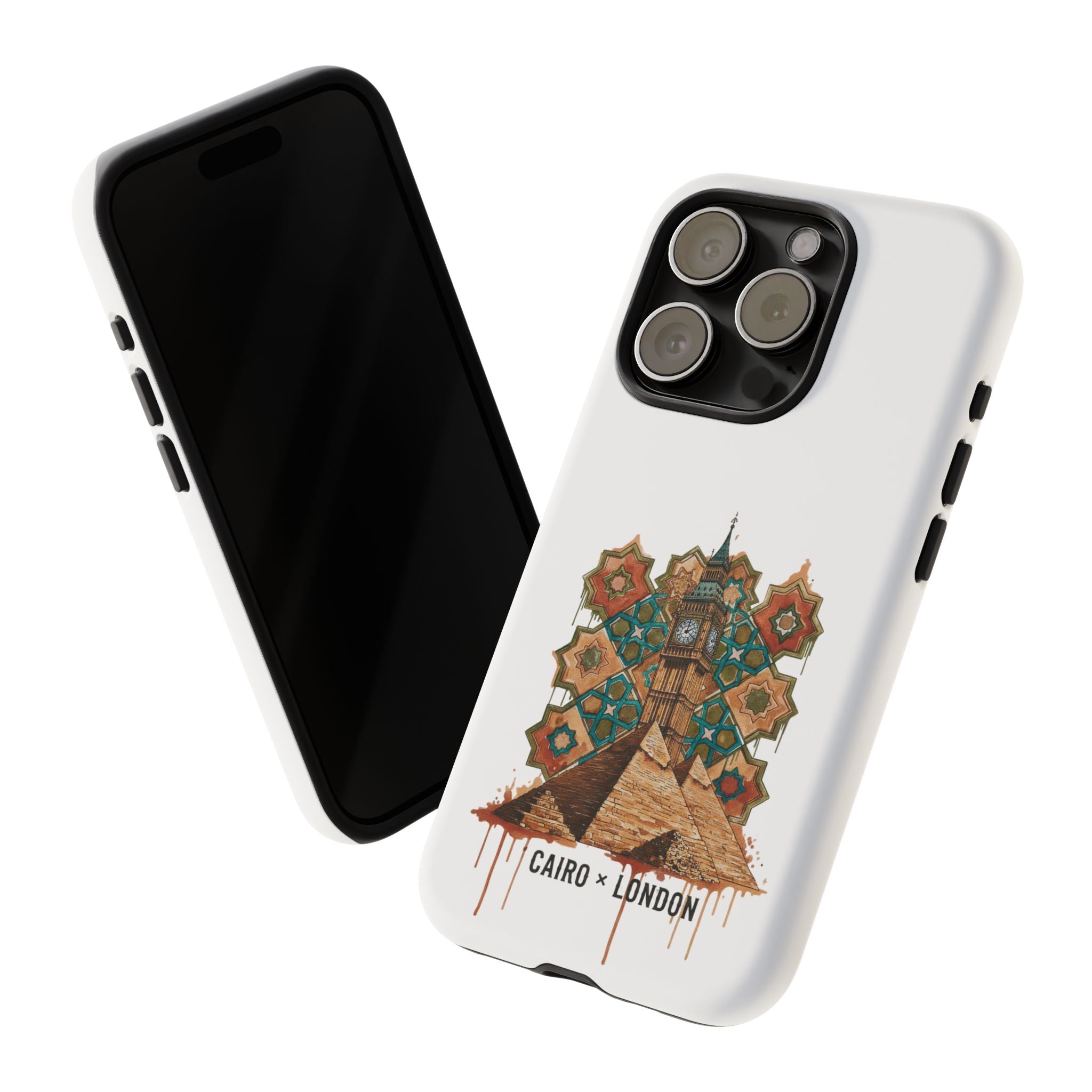 Cairo × London Phone Case — Vintage Mosaic Pyramids & Big Ben Travel Design