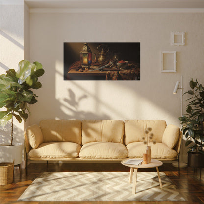 Oriental Still Life Canvas — Vintage Brass Teapot & Lantern Wall Art