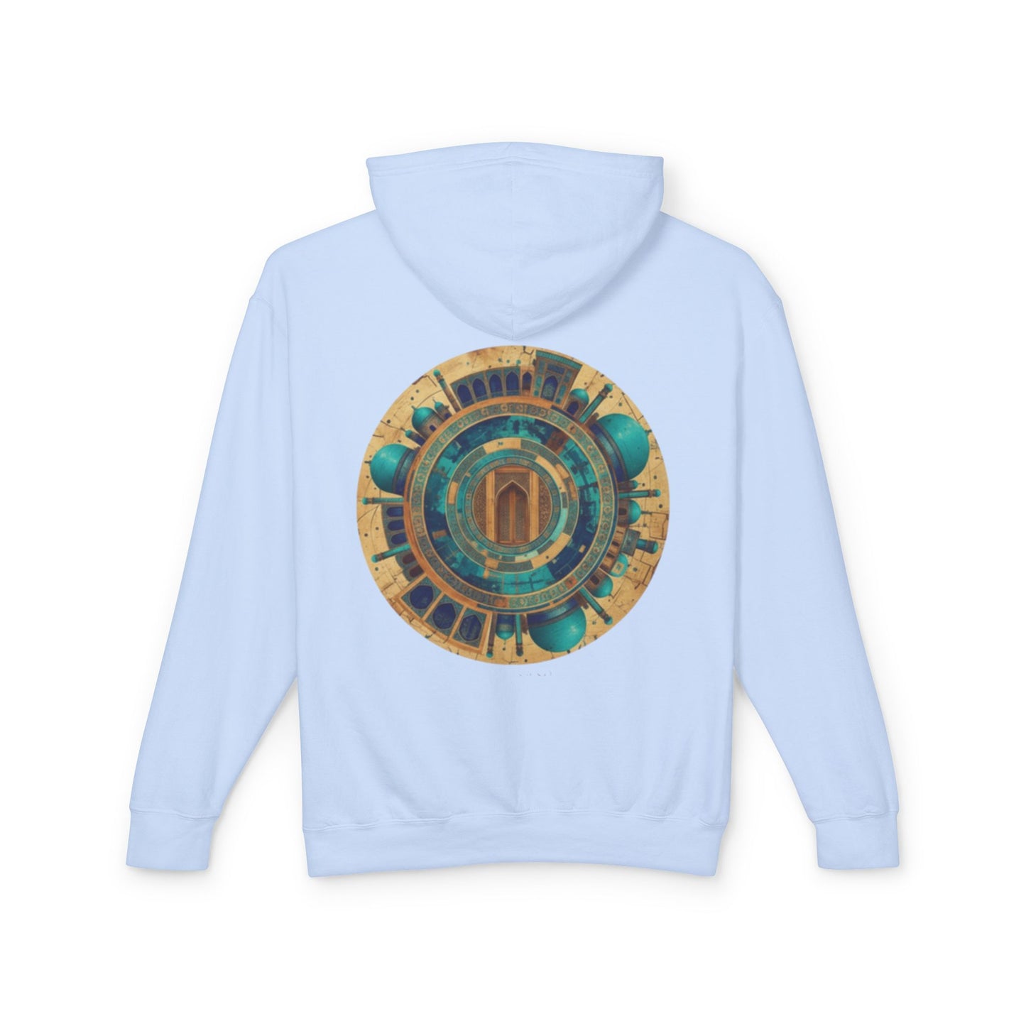 Hoodie — Vintage Teal & Gold Circular Architectural Graphic Hooded Sweatshirt