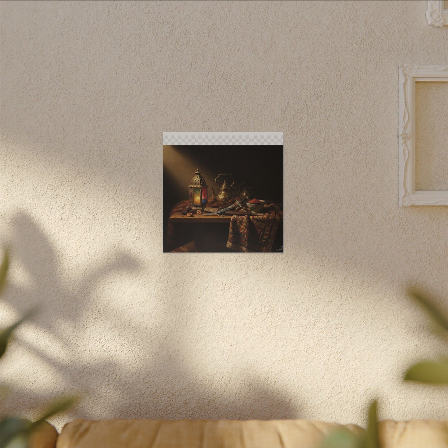 Oriental Still Life Canvas — Vintage Brass Teapot & Lantern Wall Art