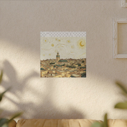 Moroccan Cityscape Canvas Print — Starry Night-Inspired Mosque Wall Art