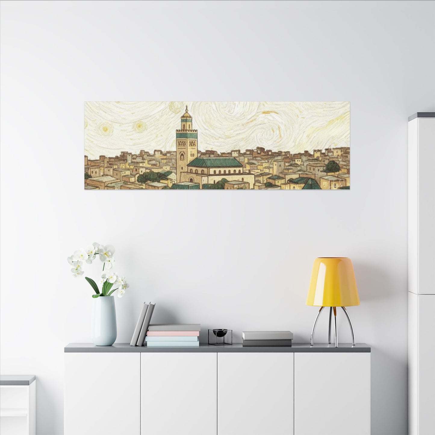 Moroccan Cityscape Canvas Print — Starry Night-Inspired Mosque Wall Art