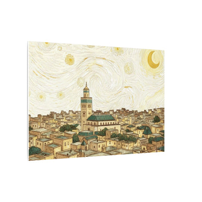 Moroccan Cityscape Canvas Print — Starry Night-Inspired Mosque Wall Art