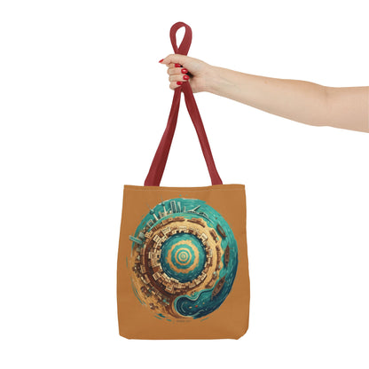 Round Cityscape Tote Bag — Abstract Turquoise & Gold Planet Design