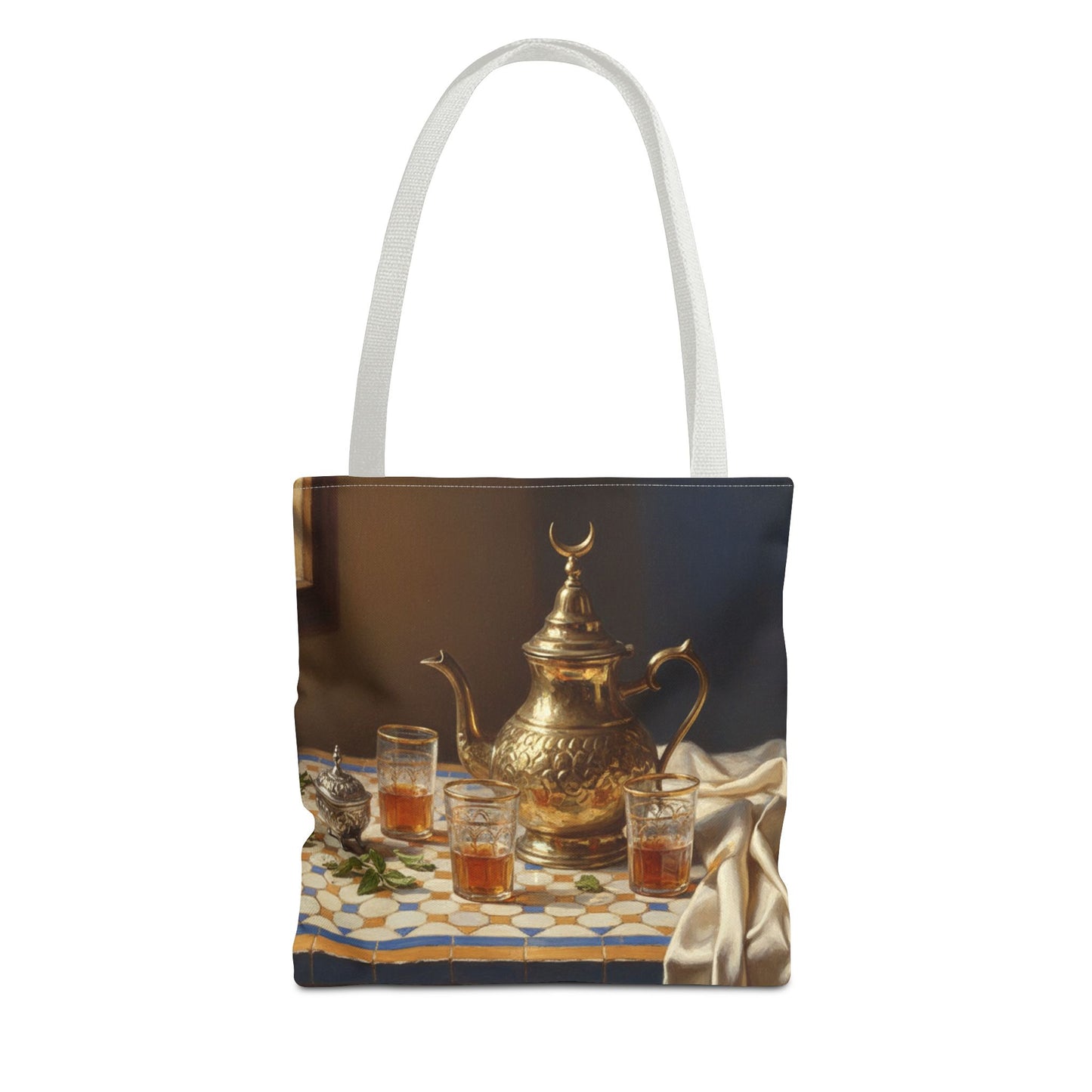 Moroccan Tea Set Tote Bag — Brass Teapot & Glasses AOP Tote