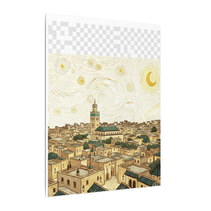 Moroccan Cityscape Canvas Print — Starry Night-Inspired Mosque Wall Art