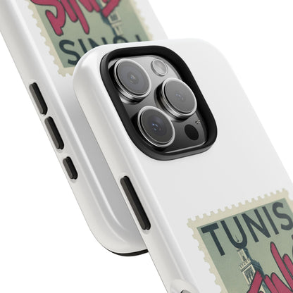 Coque de téléphone résistante à motif timbre vintage de Tunis — Étui de téléphone rétro pour voyage en Tunisie