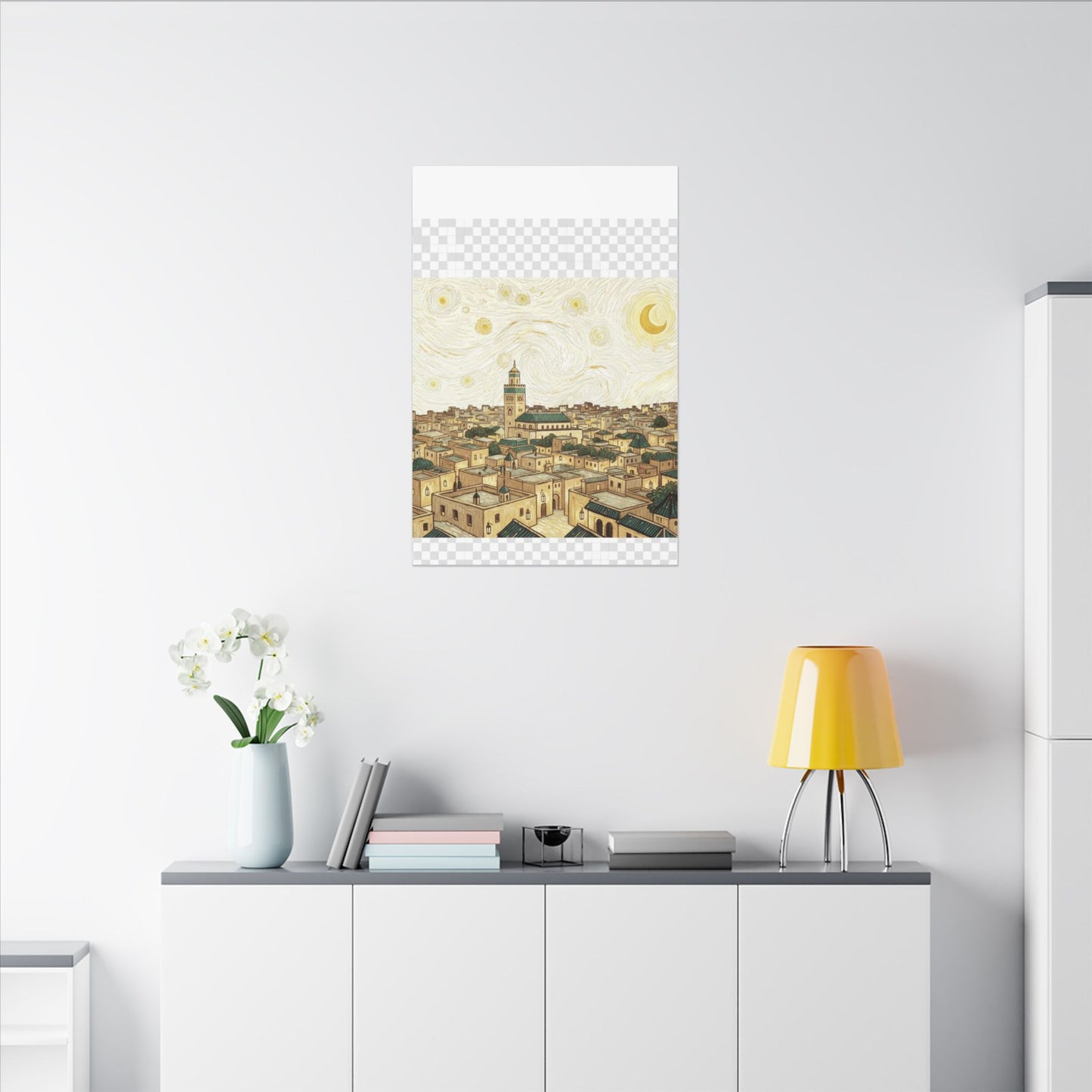 Moroccan Cityscape Canvas Print — Starry Night-Inspired Mosque Wall Art