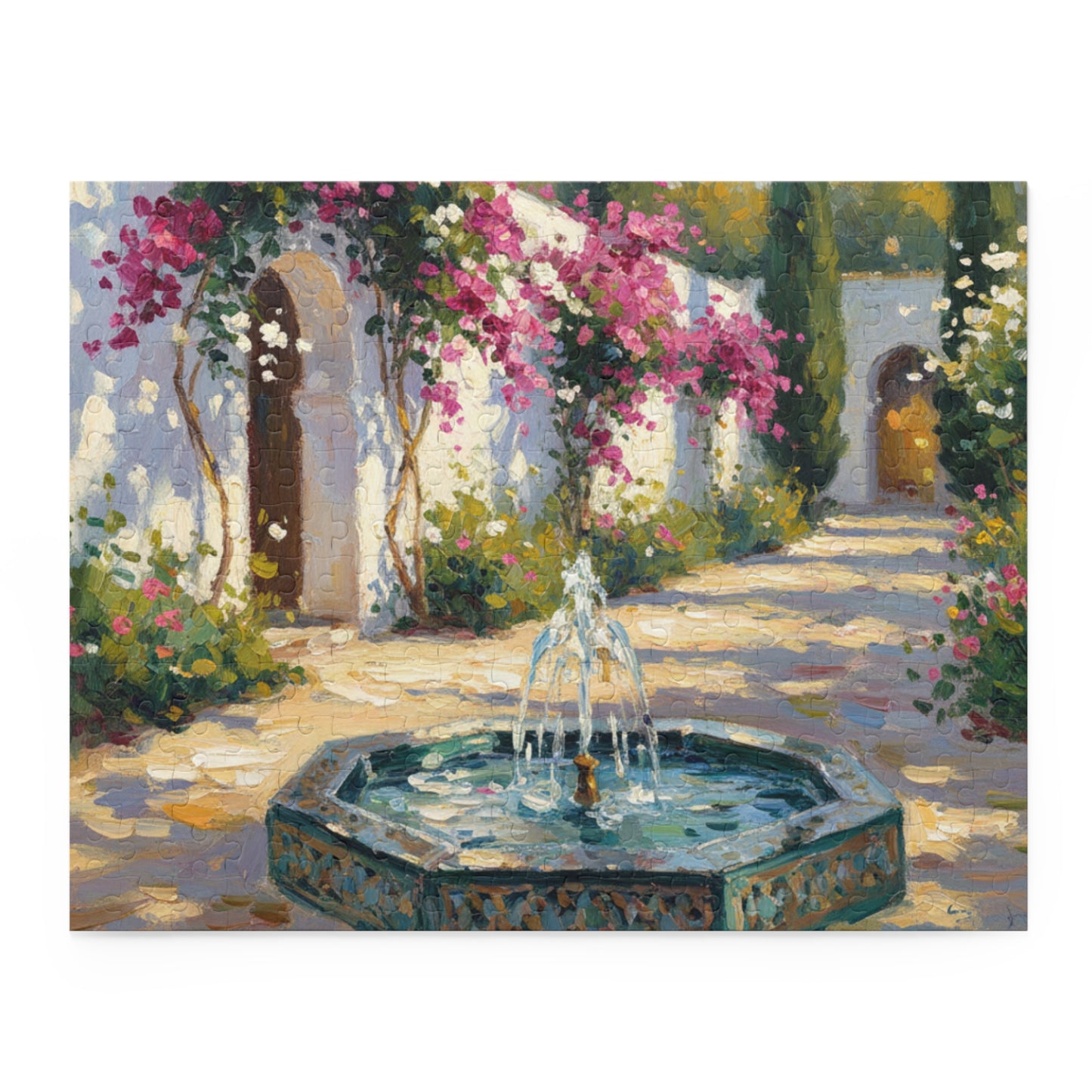 Mediterranean Courtyard Puzzle — Fountain & Bougainvillea 120/252/500-Piece Jigsaw