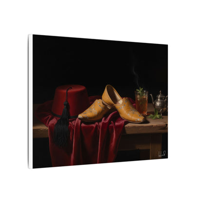 Nature morte sur toile — Chaussures en cuir et fez, décoration murale