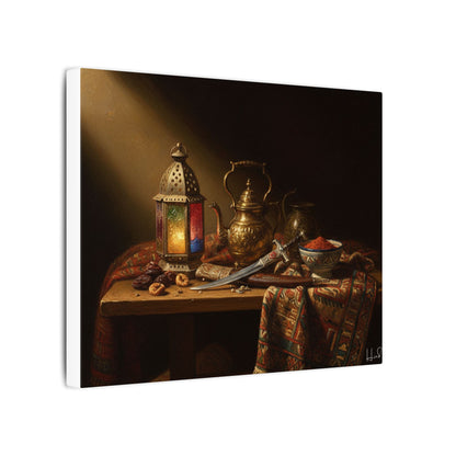 Oriental Still Life Canvas — Vintage Brass Teapot & Lantern Wall Art