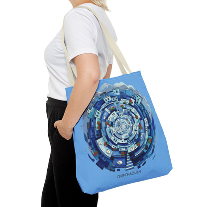 Blue Circular Cityscape Tote Bag — Abstract Urban Spiral All-Over Print Tote