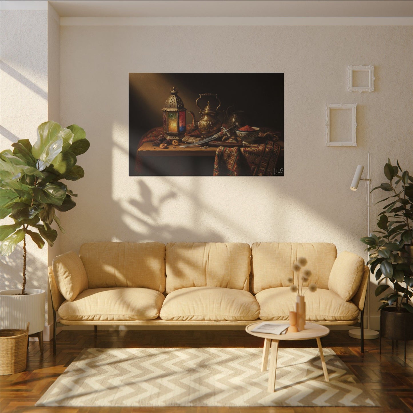 Oriental Still Life Canvas — Vintage Brass Teapot & Lantern Wall Art