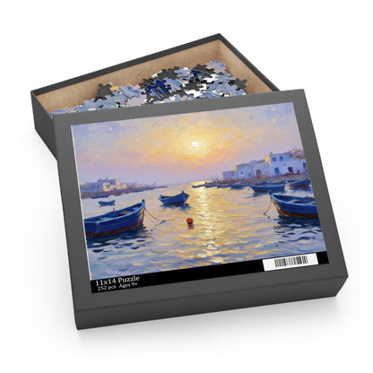 Seaside Sunset Puzzle — Impressionist Harbor Scene (120/252/500 Piece)
