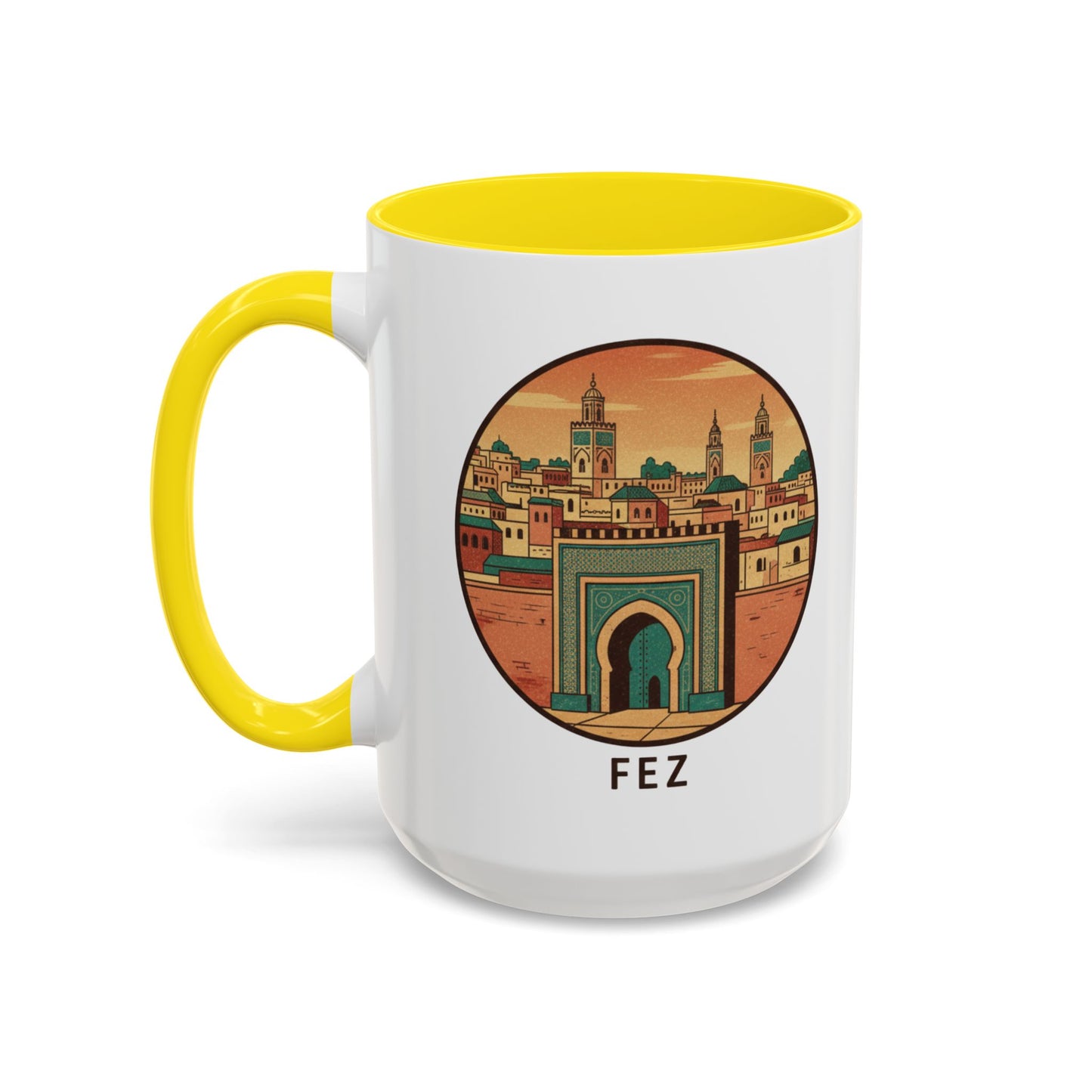 Mug à café Fez Landmark Accent — Souvenir de voyage représentant un paysage urbain marocain (11/15 oz)