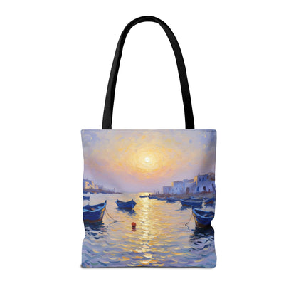 Sunset Harbor Tote Bag - Seaside Boats Art Print