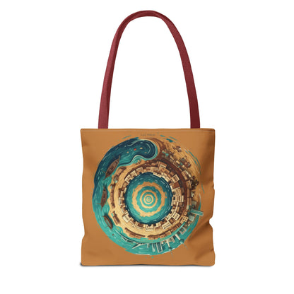 Round Cityscape Tote Bag — Abstract Turquoise & Gold Planet Design