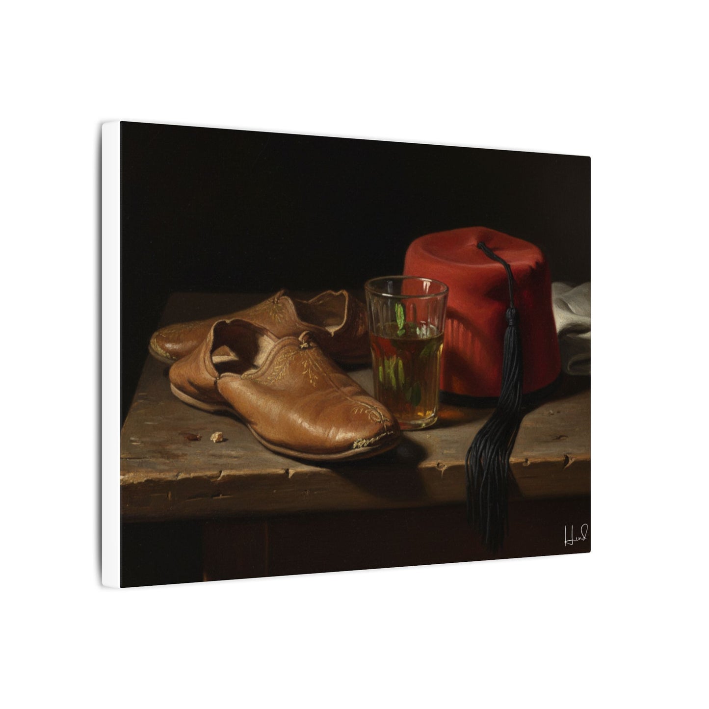 Still Life Canvas Print — Leather Shoes & Red Fez Wall Art