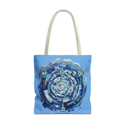 Blue Circular Cityscape Tote Bag — Abstract Urban Spiral All-Over Print Tote