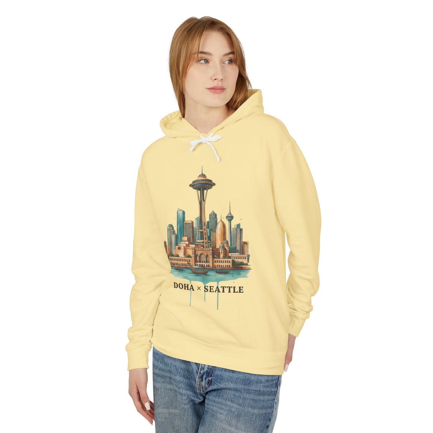 Doha x Seattle Skyline Hoodie — Retro Cityscape Pullover