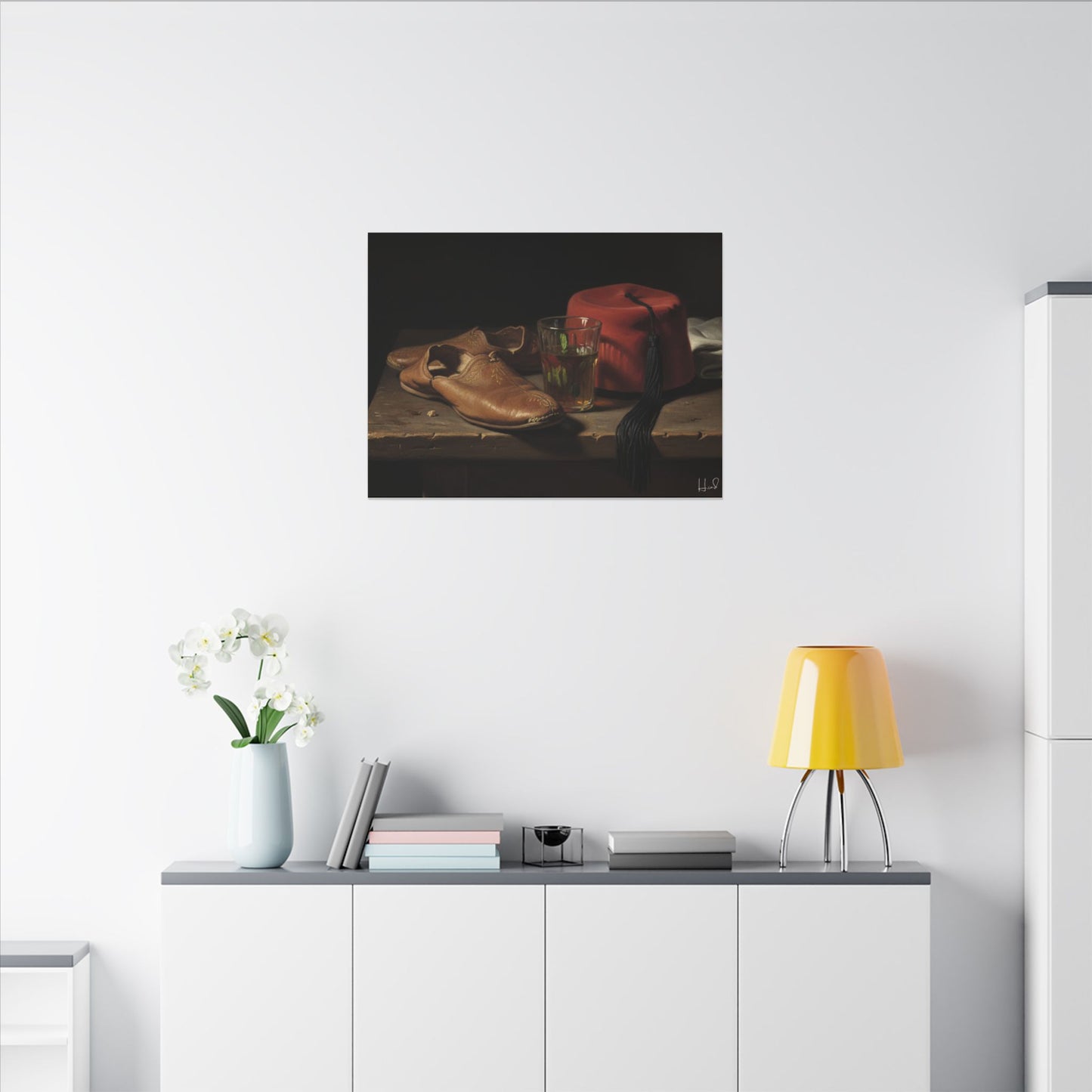 Still Life Canvas Print — Leather Shoes & Red Fez Wall Art
