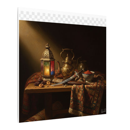 Oriental Still Life Canvas — Vintage Brass Teapot & Lantern Wall Art