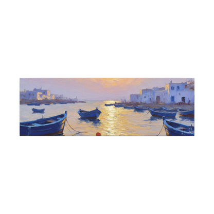Seaside Sunset Canvas Print — Boats on Tranquil Harbor Wall Art