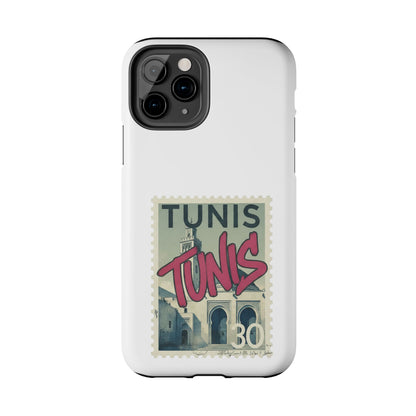 Coque de téléphone résistante à motif timbre vintage de Tunis — Étui de téléphone rétro pour voyage en Tunisie