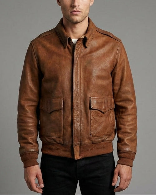 Classic Tan Leather Bomber Jacket
