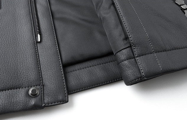 Black Leather Hooded Jacket with Detachable Fur Collar C