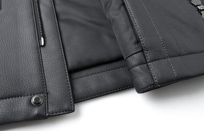 Black Leather Hooded Jacket with Detachable Fur Collar C