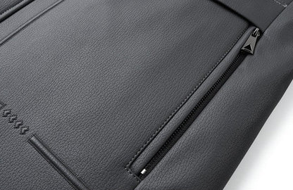 Black Leather Hooded Jacket with Detachable Fur Collar C