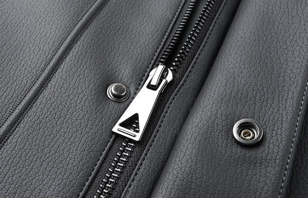 Black Leather Hooded Jacket with Detachable Fur Collar C