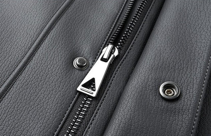 Black Leather Hooded Jacket with Detachable Fur Collar C