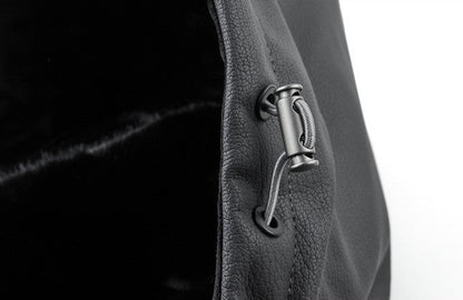 Black Leather Hooded Jacket with Detachable Fur Collar C