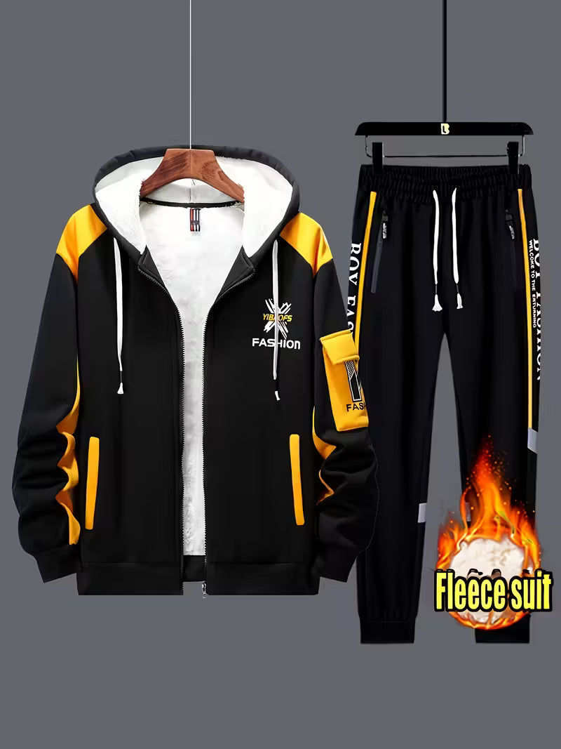 2pcs Men's -Lined Thickened Winter Jacket and Pants Set